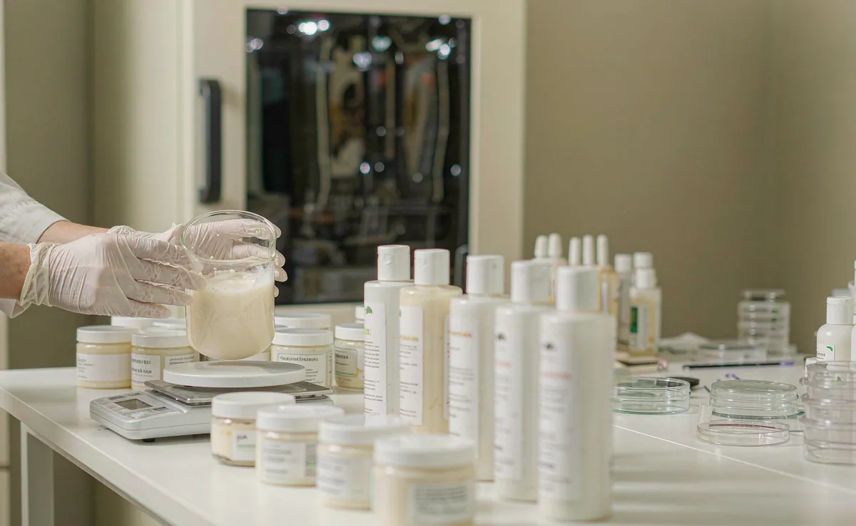GMP cosmetics laboratory testing a preservative system: gloved hands holding a beaker of white body lotion beside petri dishes and unbranded lotion bottles on a lab bench