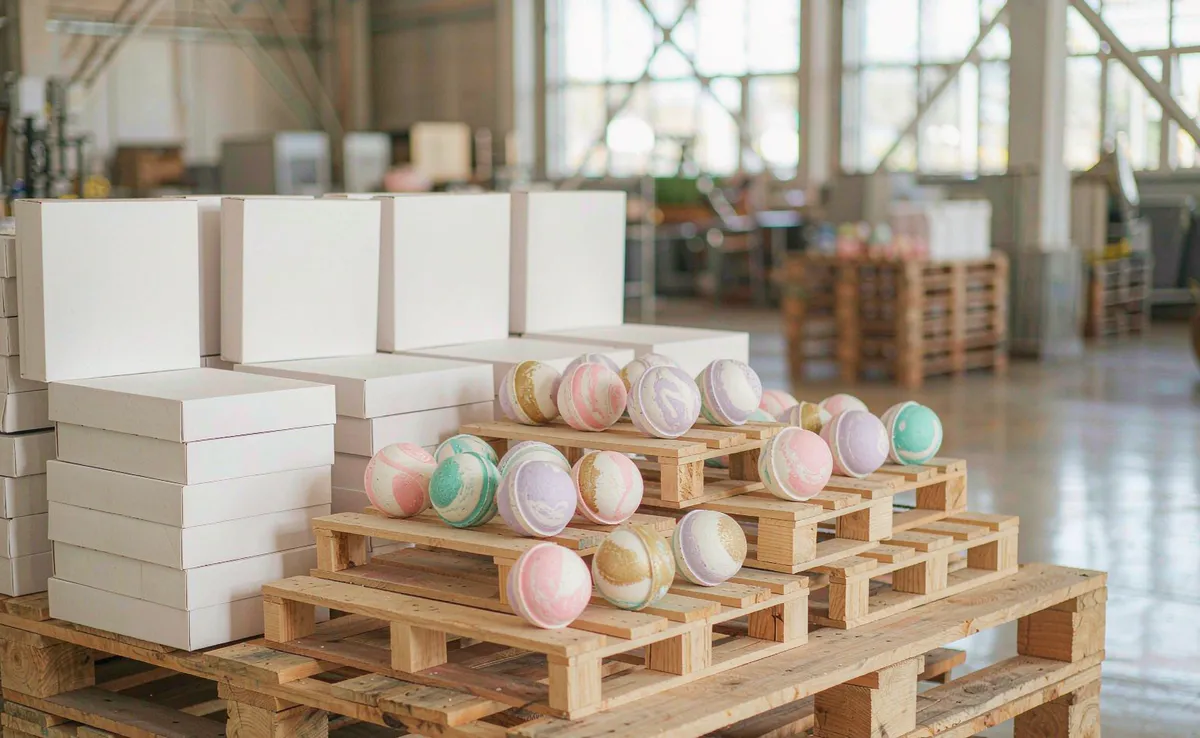 Rows of pastel bath bombs and blank white private label boxes stacked on wooden export pallets in a bright OEM factory warehouse