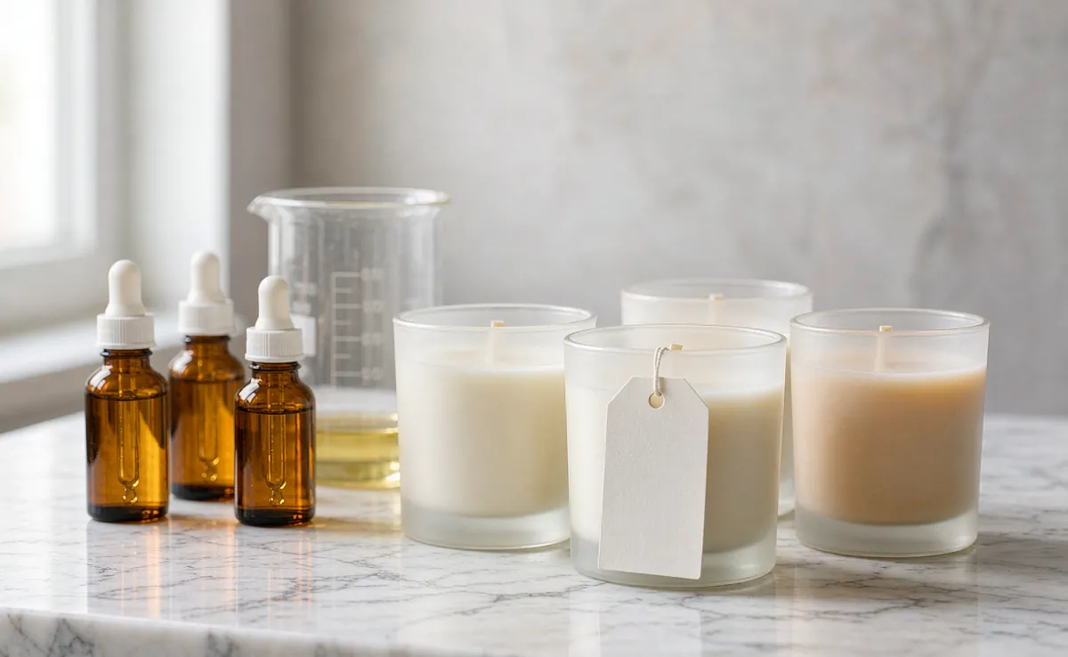 Private label scented candles in glass vessels with fragrance oil dropper bottles on a marble workbench