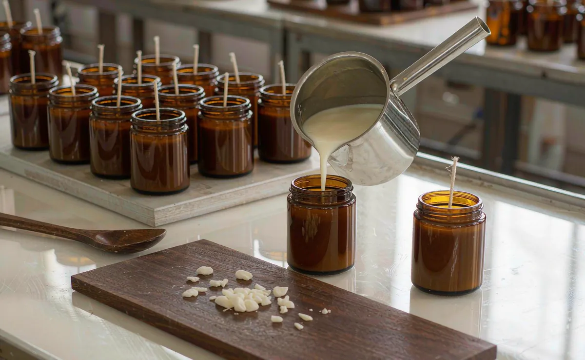Molten candle wax being poured into amber glass jars with cotton wicks on an OEM scented candle production line