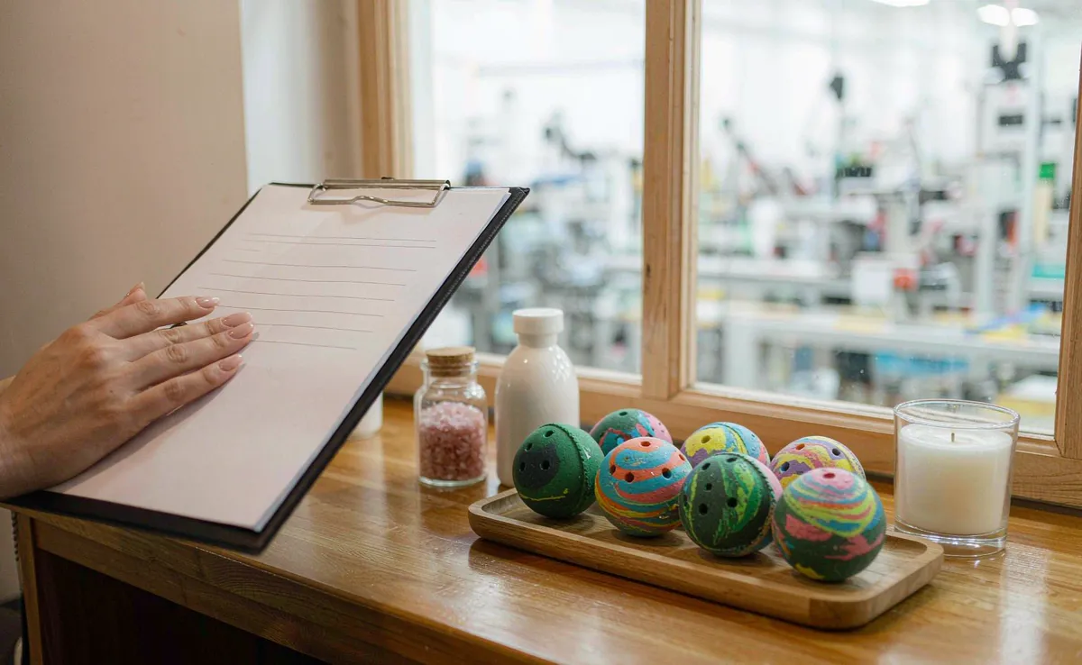 Buyer holding a due-diligence checklist beside colorful bath bombs, bath salts and cosmetics samples in an OEM factory showroom