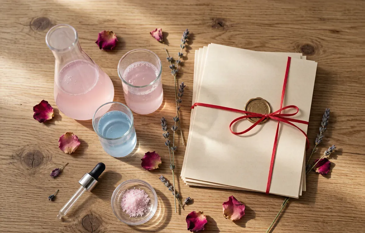 EU regulation documents and laboratory glassware with dried botanicals on a wooden table