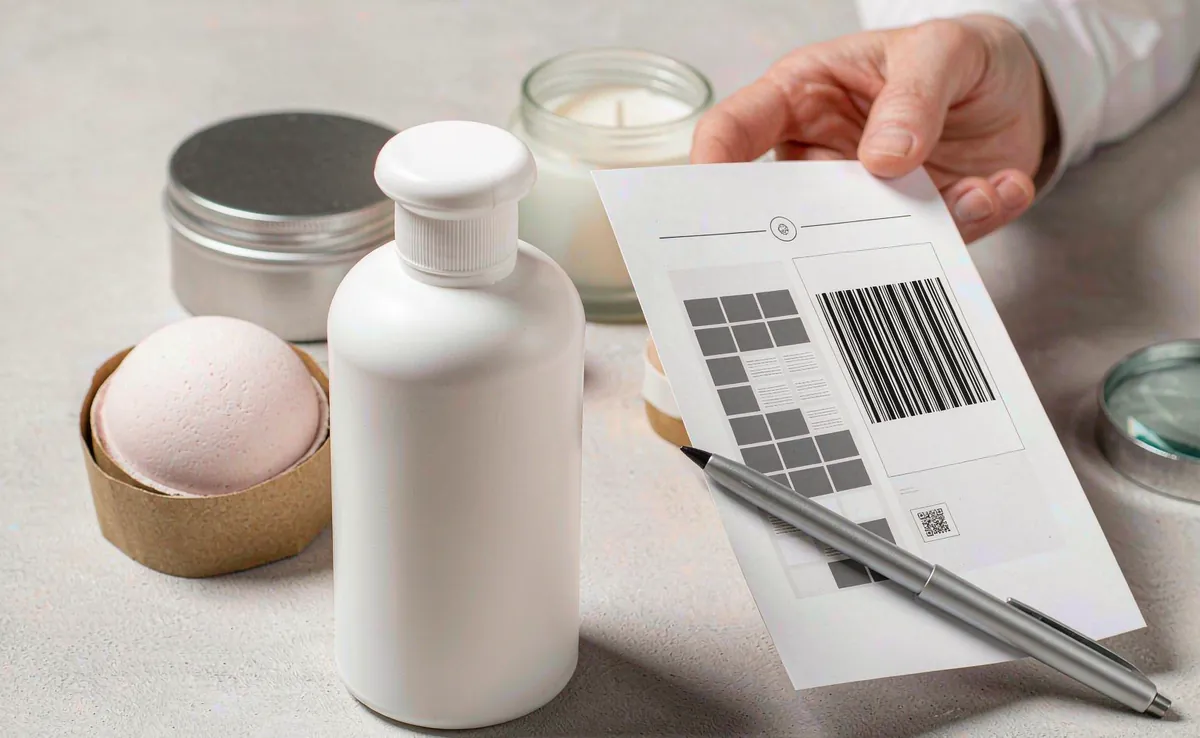 Private label bath and body products with unbranded labels: white lotion bottle, bath bomb, bath salt tin and candle jar beside a printed label proof sheet with barcode and batch code