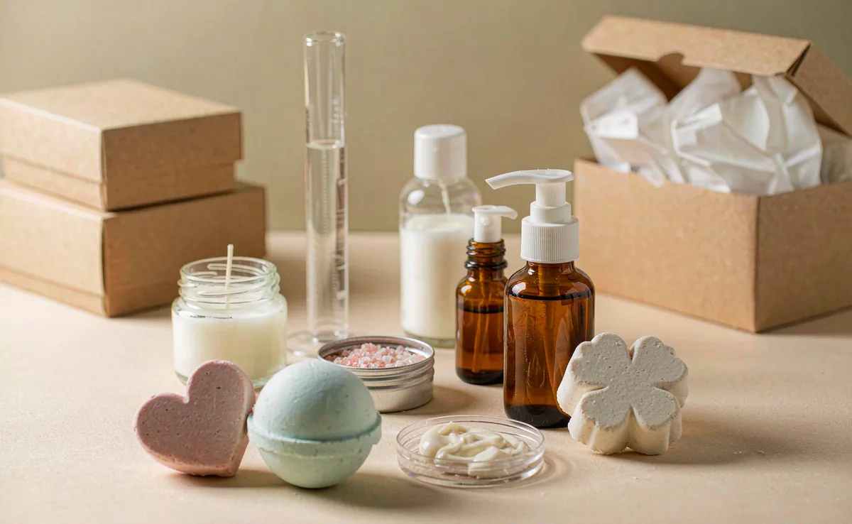 Private label bath and body product development samples: bath bombs, body lotion bottles, bath salt tin, unlabelled candle and kraft gift boxes on a sampling bench