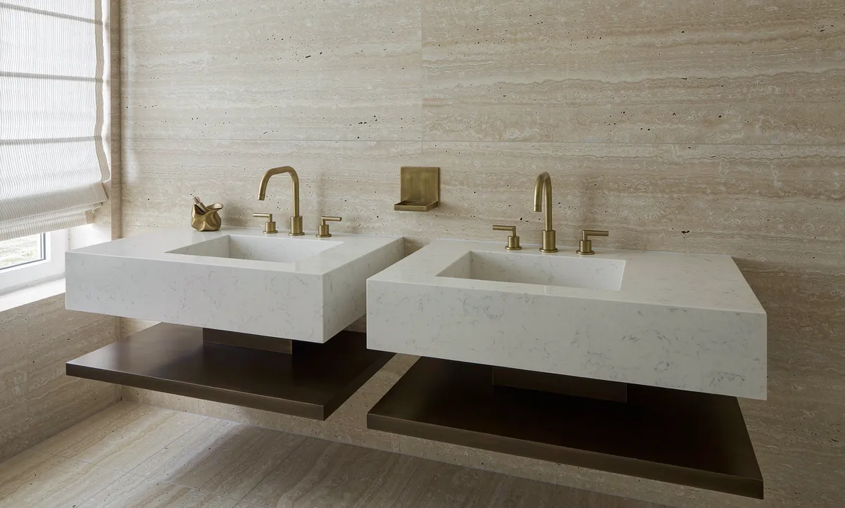Hotel Bathroom Vanities: Specifying Quartz Tops and Stone Surrounds